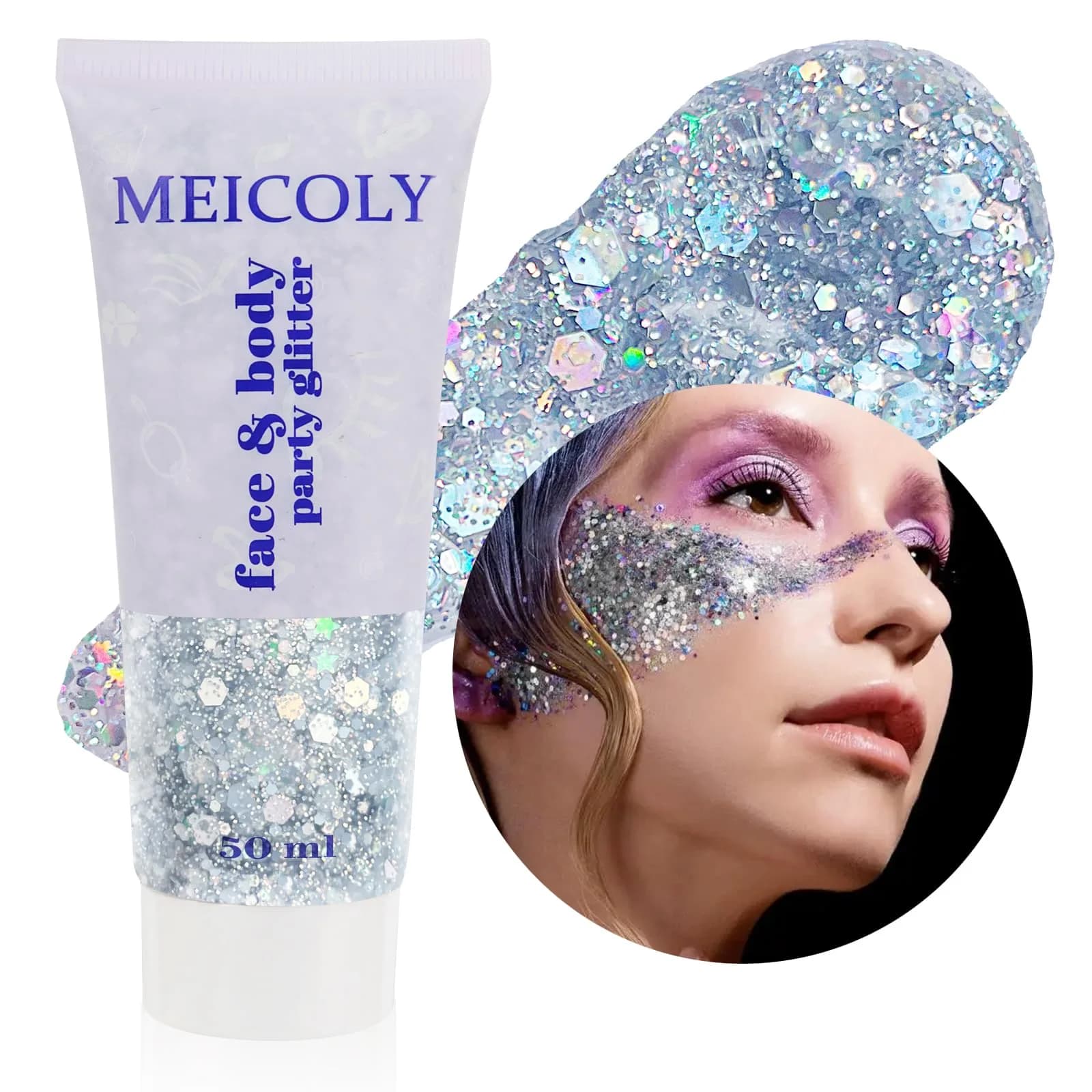 MEICOLY Green Chunky Glitter Gel 50ml (1.7 Fl Oz) | Self-Adhesive Face Body Hair Glitter for Festivals — silver body glitter