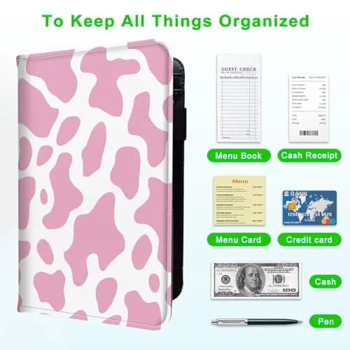 JANENFNA Server Books for Waitress with 7 Large Pockets | Pink Cow Prints, PU Leather, 7.5x5 inch thumbnail 5