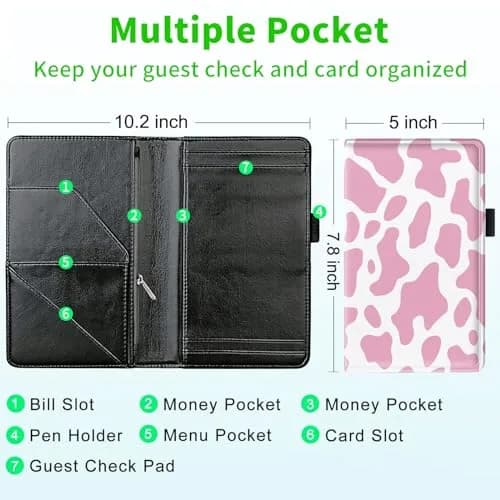 JANENFNA Server Books for Waitress with 7 Large Pockets | Pink Cow Prints, PU Leather, 7.5x5 inch thumbnail 3