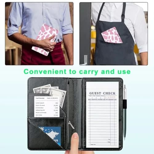 JANENFNA Server Books for Waitress with 7 Large Pockets | Pink Cow Prints, PU Leather, 7.5x5 inch thumbnail 4
