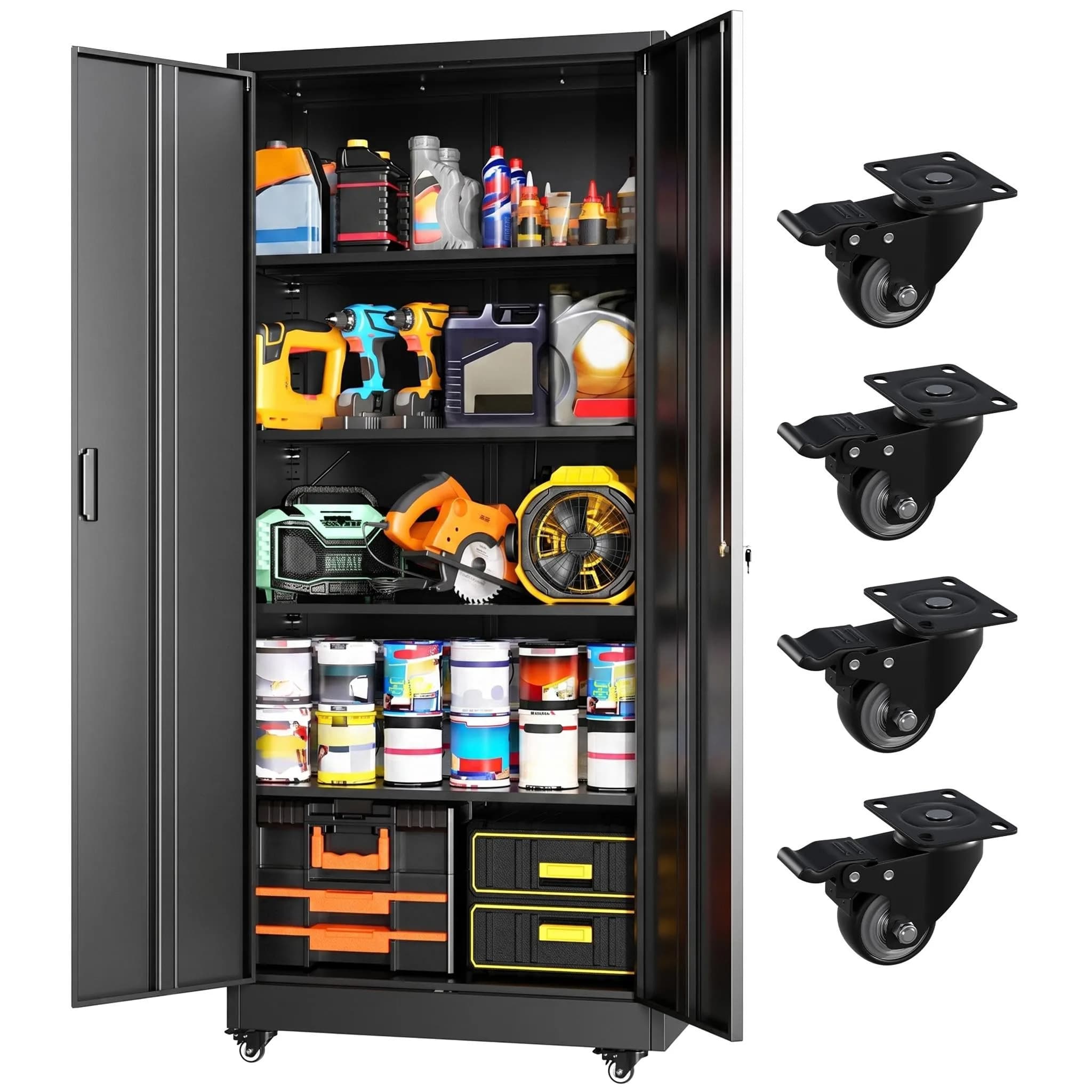 Greenvelly Metal Garage Storage Cabinet with 4 Swivel Wheels, 73" Black | Heavy-Duty Steel, Locking Doors & Shelves - main product image
