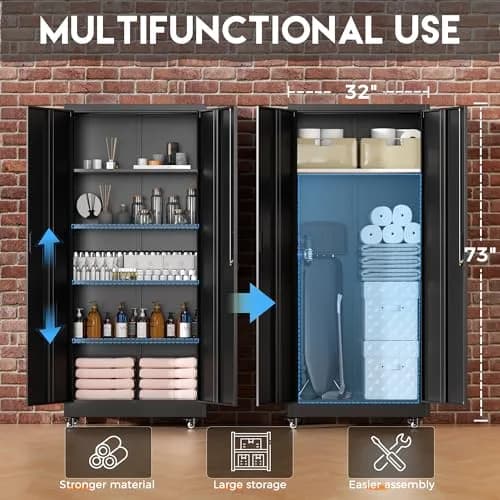 Greenvelly Metal Garage Storage Cabinet with 4 Swivel Wheels, 73" Black | Heavy-Duty Steel, Locking Doors & Shelves thumbnail 4