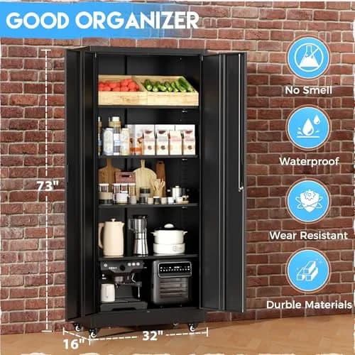 Greenvelly Metal Garage Storage Cabinet with 4 Swivel Wheels, 73" Black | Heavy-Duty Steel, Locking Doors & Shelves thumbnail 5