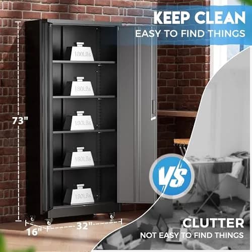 Greenvelly Metal Garage Storage Cabinet with 4 Swivel Wheels, 73" Black | Heavy-Duty Steel, Locking Doors & Shelves thumbnail 6