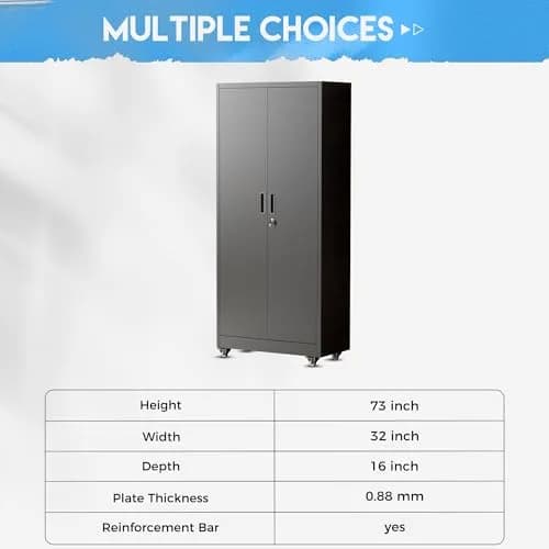 Greenvelly Metal Garage Storage Cabinet with 4 Swivel Wheels, 73" Black | Heavy-Duty Steel, Locking Doors & Shelves thumbnail 7