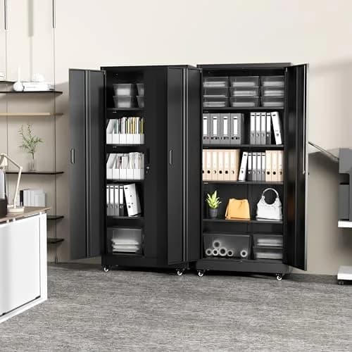 Greenvelly Metal Garage Storage Cabinet with 4 Swivel Wheels, 73" Black | Heavy-Duty Steel, Locking Doors & Shelves thumbnail 8