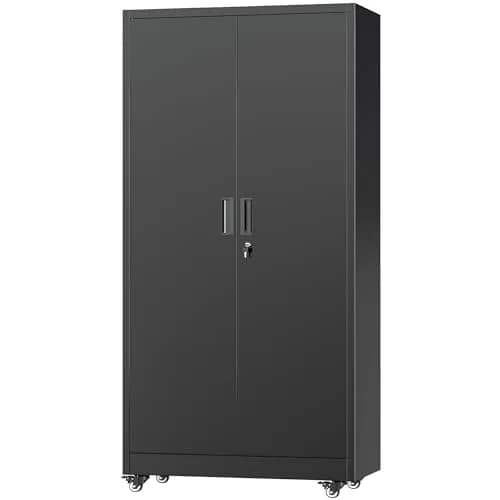 Greenvelly Metal Garage Storage Cabinet with 4 Swivel Wheels, 73" Black | Heavy-Duty Steel, Locking Doors & Shelves thumbnail 9