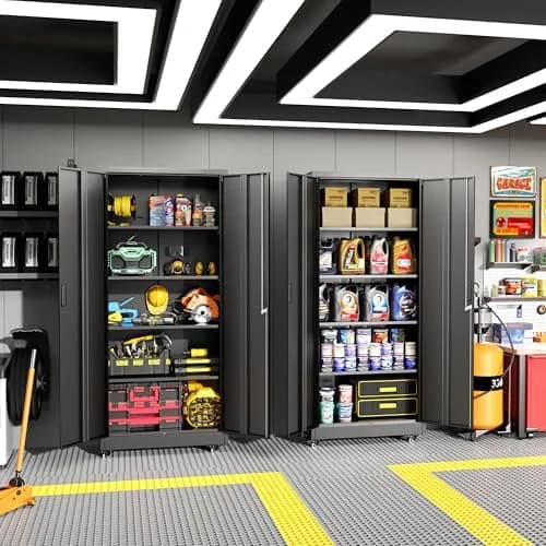 Greenvelly Metal Garage Storage Cabinet with 4 Swivel Wheels, 73" Black | Heavy-Duty Steel, Locking Doors & Shelves thumbnail 2