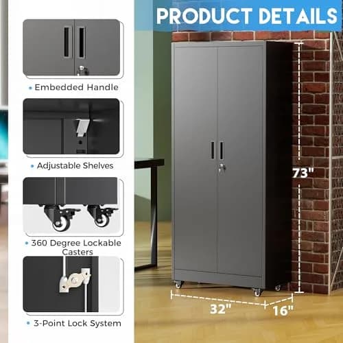 Greenvelly Metal Garage Storage Cabinet with 4 Swivel Wheels, 73" Black | Heavy-Duty Steel, Locking Doors & Shelves thumbnail 3