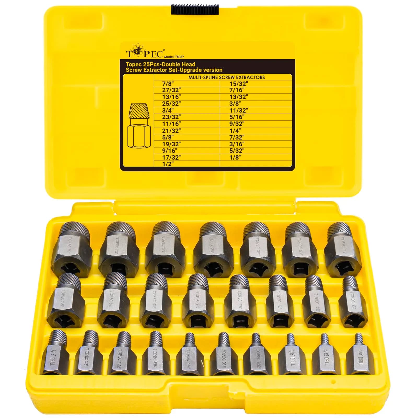 Topec Screw Extractor Set 25Pcs, 3/8” Drive | High Carbon Steel, Multi-Size, Easy Out for Broken Bolts & Studs