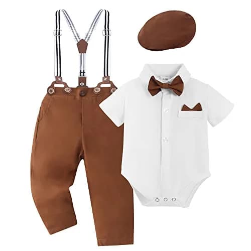 YALLET Baby Boy Clothes Set Infant Tuxedo 0-3 Months | Formal Dress Shirt + Beret + Suspender Pants + Bowtie thumbnail 1