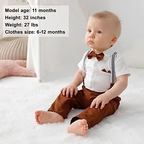 YALLET Baby Boy Clothes Set Infant Tuxedo 0-3 Months | Formal Dress Shirt + Beret + Suspender Pants + Bowtie thumbnail 4