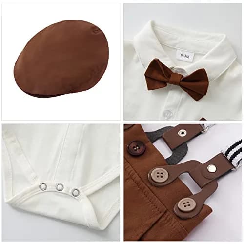 YALLET Baby Boy Clothes Set Infant Tuxedo 0-3 Months | Formal Dress Shirt + Beret + Suspender Pants + Bowtie thumbnail 5