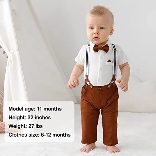 YALLET Baby Boy Clothes Set Infant Tuxedo 0-3 Months | Formal Dress Shirt + Beret + Suspender Pants + Bowtie thumbnail 2