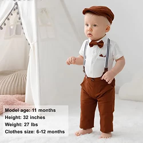 YALLET Baby Boy Clothes Set Infant Tuxedo 0-3 Months | Formal Dress Shirt + Beret + Suspender Pants + Bowtie thumbnail 3