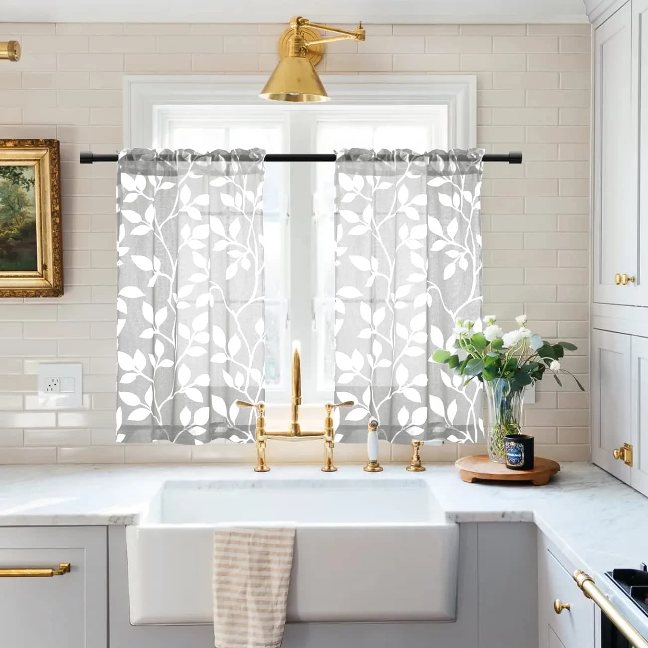XTMYI Small Basement Window Curtains 24 Inch Light Grey | Modern Sheer Floral Design — 25"W x 24"L