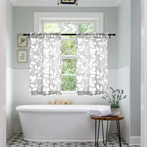 XTMYI Small Basement Window Curtains 24 Inch Light Grey | Modern Sheer Floral Design thumbnail 3