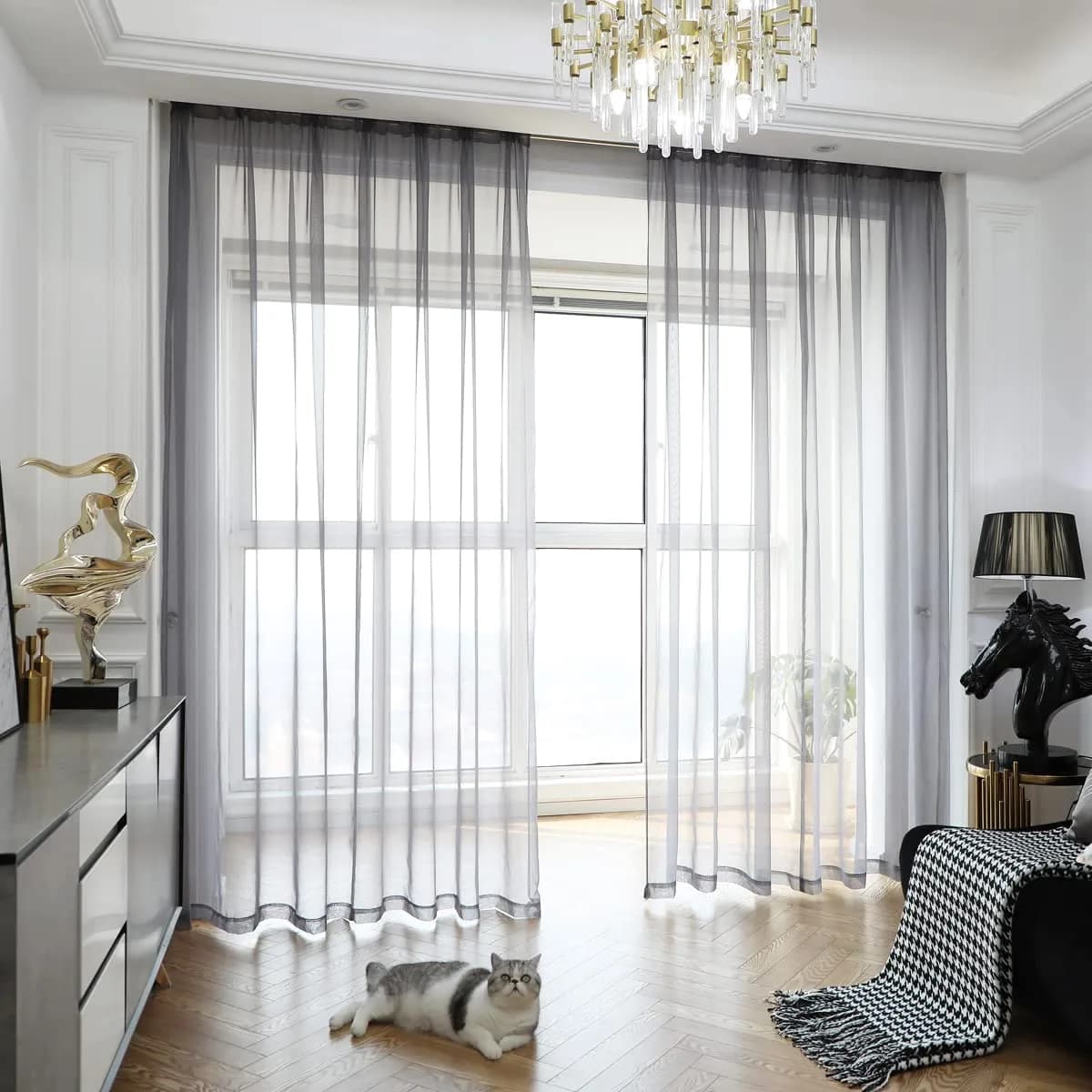 PHILEASY Grey Sheer Curtains 63 Inches Long - Pack of 2 Window Panels - main product image