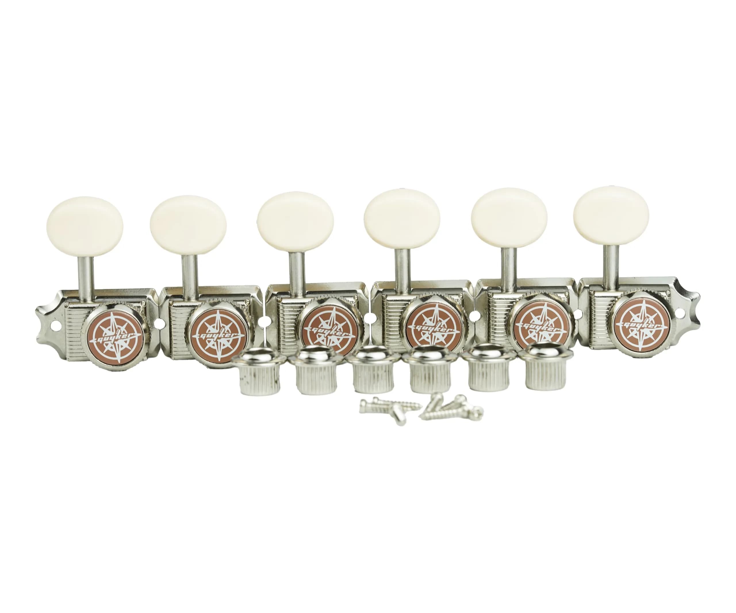 Guyker 6 Inline Vintage Guitar Locking Tuners, 9mm Hole Diameter | Chrome Plated Metal Machine Heads for Electric & Acoustic Guitars (6-Piece Set) — nickel - cream handle