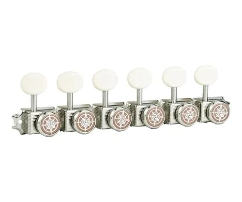Guyker 6 Inline Vintage Guitar Locking Tuners 15:1 Gear Ratio, Nickel with Cream Handle | Nickel Plated Metal Tuning Pegs for Electric, Acoustic Guitars thumbnail 4