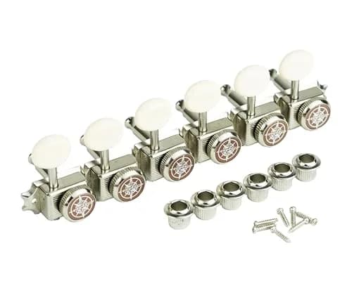 Guyker 6 Inline Vintage Guitar Locking Tuners 15:1 Gear Ratio, Nickel with Cream Handle | Nickel Plated Metal Tuning Pegs for Electric, Acoustic Guitars thumbnail 2