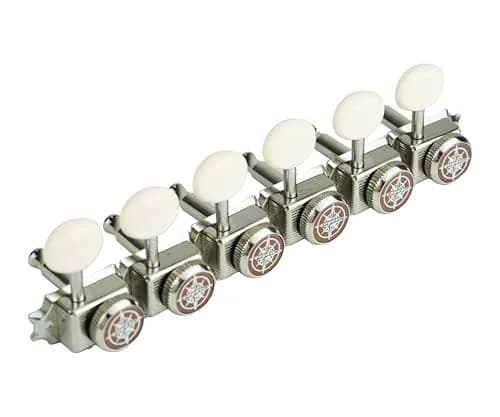 Guyker 6 Inline Vintage Guitar Locking Tuners 15:1 Gear Ratio, Nickel with Cream Handle | Nickel Plated Metal Tuning Pegs for Electric, Acoustic Guitars thumbnail 3