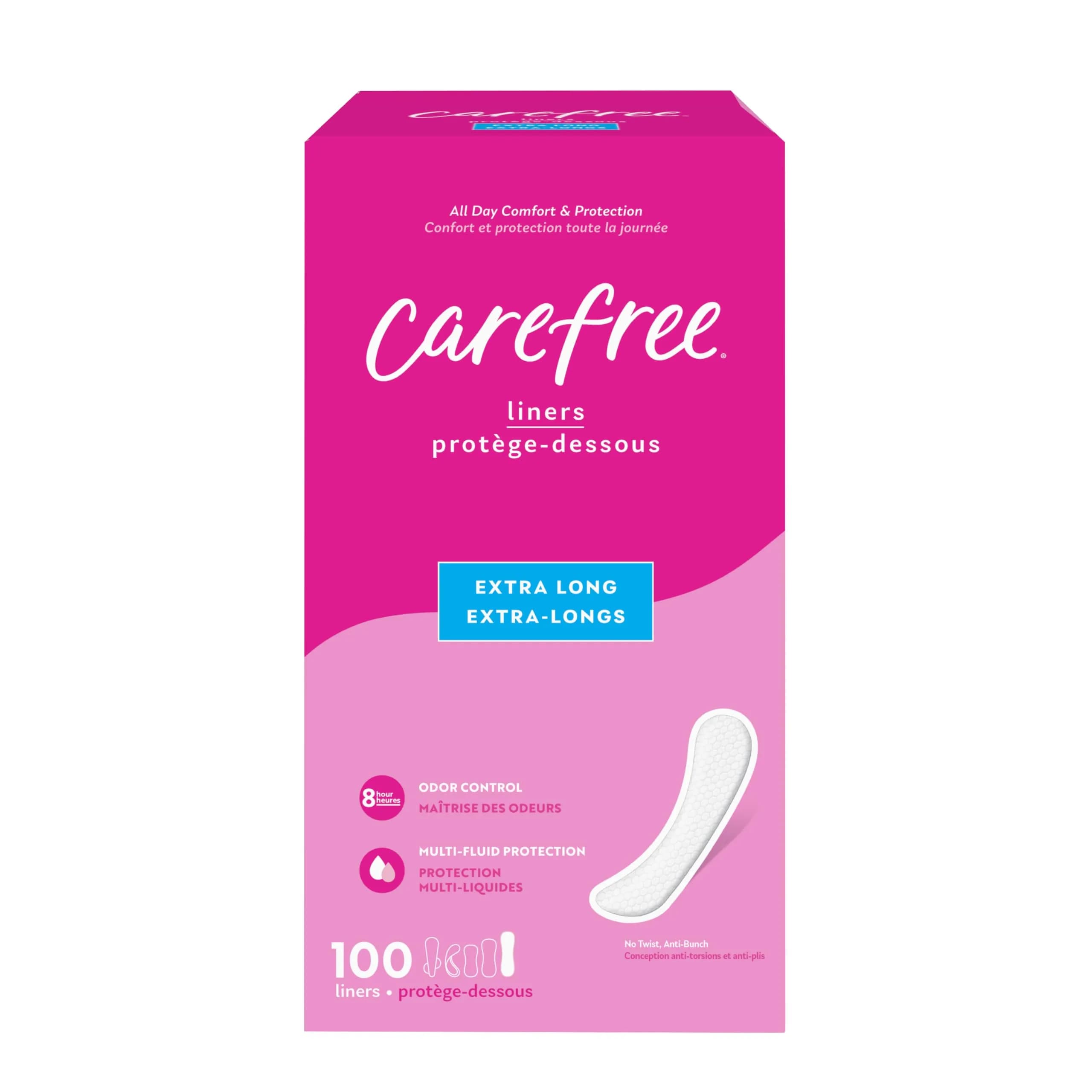 Carefree Extra Long Unscented Panty Liners, 100 Count | 20.3 cm (8 inch) Daily Protection — Liner