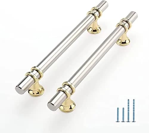 Leulan Brushed Nickel and Gold Cabinet Handles 5 Inch (128mm) | 10 Pack Two-Tone Kitchen Hardware thumbnail 1