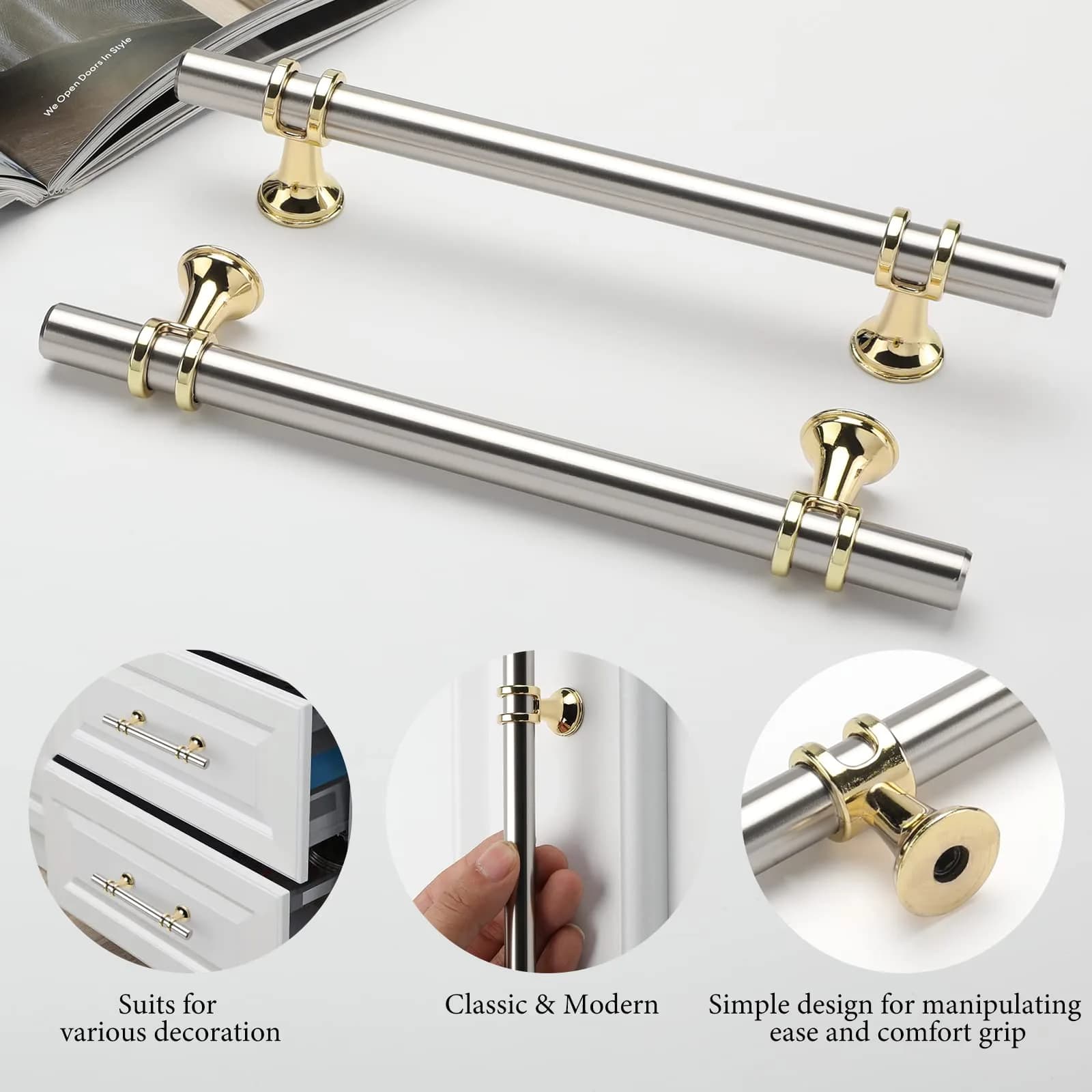 Leulan Brushed Nickel and Gold Cabinet Handles 5 Inch (128mm) | 10 Pack Two-Tone Kitchen Hardware - view 3