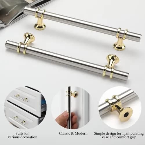 Leulan Brushed Nickel and Gold Cabinet Handles 5 Inch (128mm) | 10 Pack Two-Tone Kitchen Hardware thumbnail 3