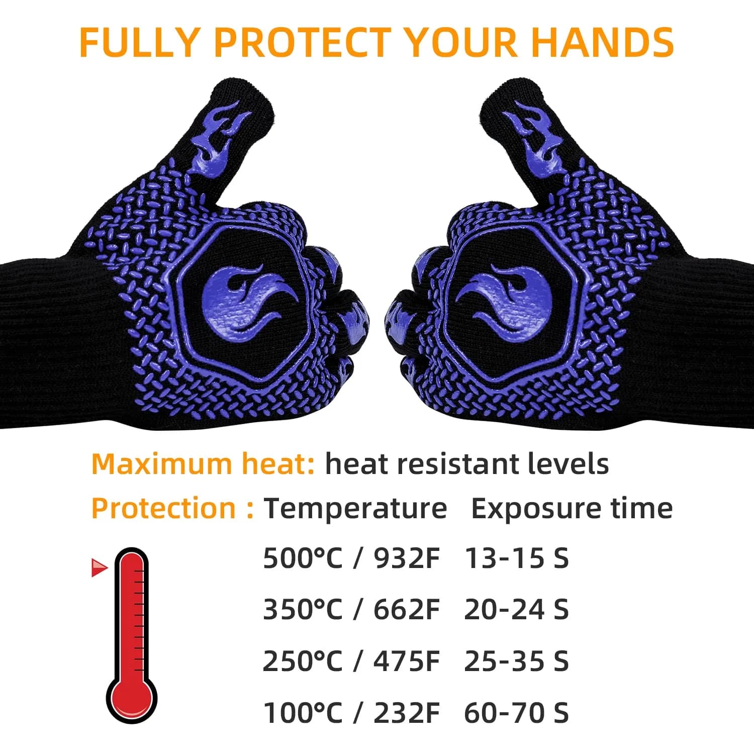 DKHDBD Heat Resistant BBQ Gloves 1472°F/800°C, 35.5cm (14in) Blue, 2-Pack | Ultra-High Strength Aramid Fiber & Silicone Grip - view 7