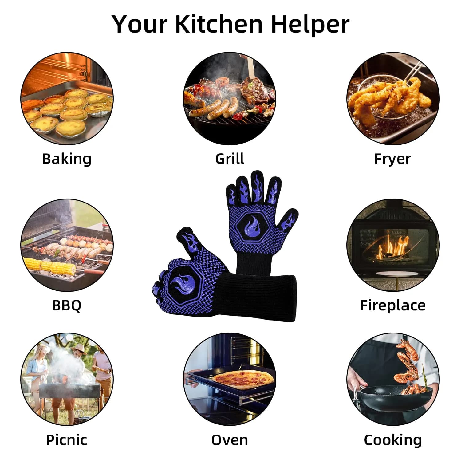 DKHDBD Heat Resistant BBQ Gloves 1472°F/800°C, 35.5cm (14in) Blue, 2-Pack | Ultra-High Strength Aramid Fiber & Silicone Grip - view 8
