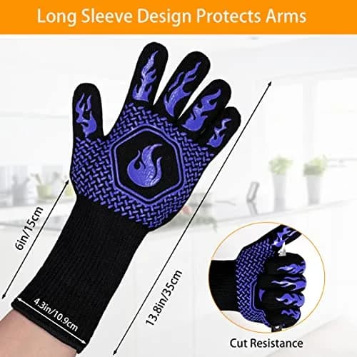 DKHDBD Heat Resistant BBQ Gloves 1472°F/800°C, 35.5cm (14in) Blue, 2-Pack | Ultra-High Strength Aramid Fiber & Silicone Grip thumbnail 2