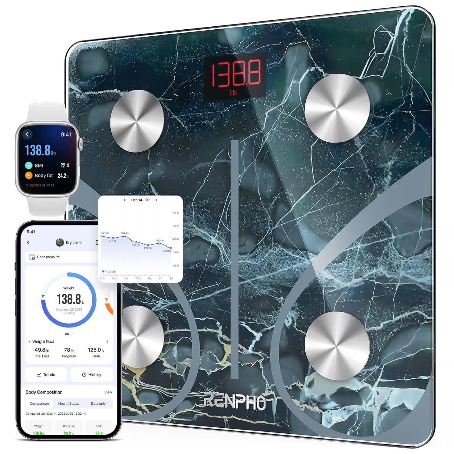 RENPHO Smart Scale for Body Weight, BMI & Body Fat, 13 Metrics, Marble | FDA Approved, 400 lbs Capacity - main product image