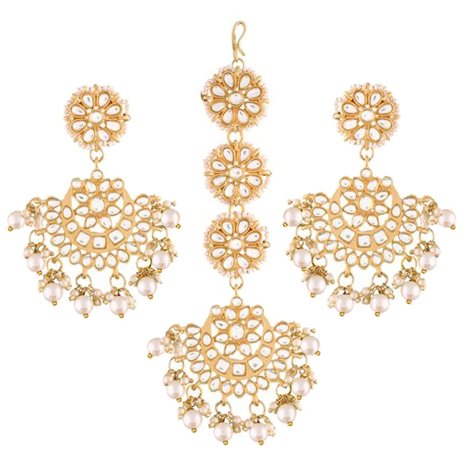 I Jewels Gold Plated Kundan & Faux Pearl Chandbali Earrings with Maang Tikka Set (14.3cm Maang Tikka, 7cm Earrings) | Traditional Indian Wedding Jewelry — White