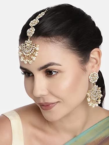 I Jewels Gold Plated Kundan & Faux Pearl Chandbali Earrings with Maang Tikka Set (White) | Traditional Indian Bridal Jewelry thumbnail 4