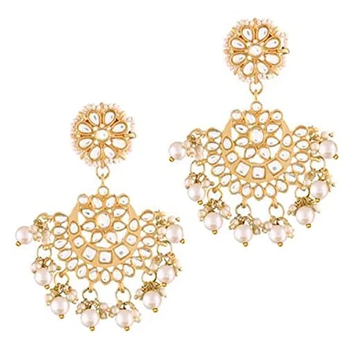 I Jewels Gold Plated Kundan & Faux Pearl Chandbali Earrings with Maang Tikka Set (White) | Traditional Indian Bridal Jewelry thumbnail 5