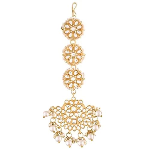 I Jewels Gold Plated Kundan & Faux Pearl Chandbali Earrings with Maang Tikka Set (White) | Traditional Indian Bridal Jewelry thumbnail 6