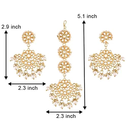 I Jewels Gold Plated Kundan & Faux Pearl Chandbali Earrings with Maang Tikka Set (White) | Traditional Indian Bridal Jewelry thumbnail 7