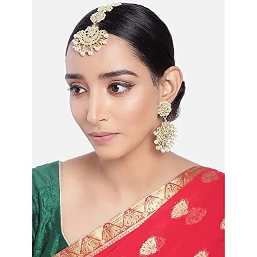 I Jewels Gold Plated Kundan & Faux Pearl Chandbali Earrings with Maang Tikka Set (White) | Traditional Indian Bridal Jewelry thumbnail 3