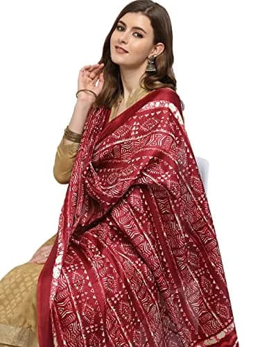 DUPATTA BAZAAR Women's Batik Printed Silk Dupatta Free Maroon | Elegant Festive Accessory thumbnail 2