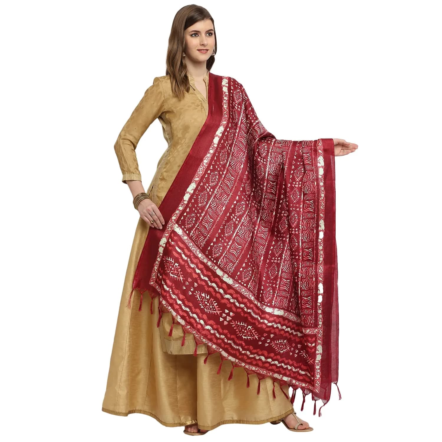 DUPATTA BAZAAR Women's Batik Printed Silk Dupatta Free Maroon | Elegant Festive Accessory - main product image