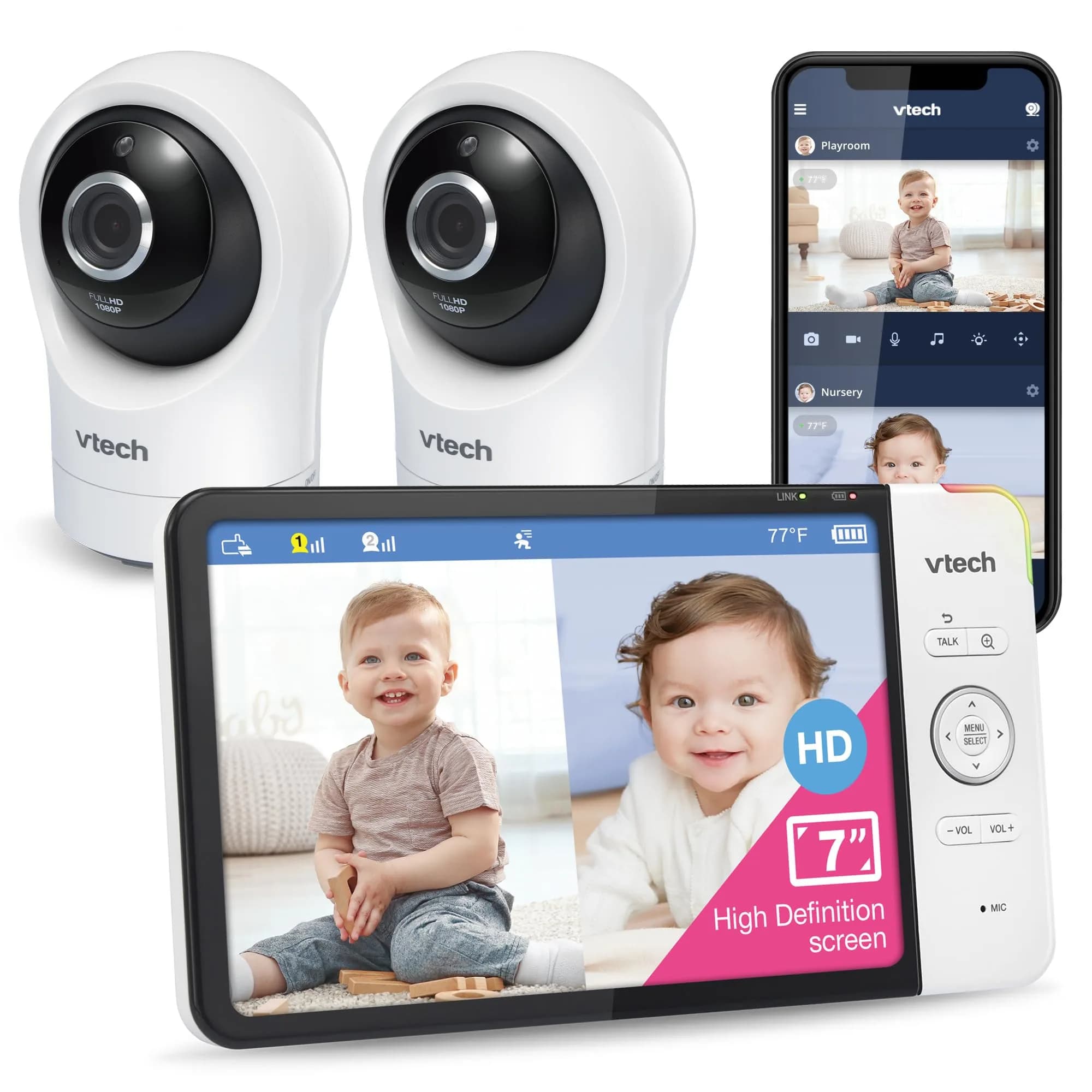 VTech RM7764-2HD Smart WiFi Baby Monitor with 2 Cameras, 1080p HD Video, 360° Pan & Tilt, 10x Zoom, 7" HD Parent Unit, 2 Cameras (2-Pack) - main product image