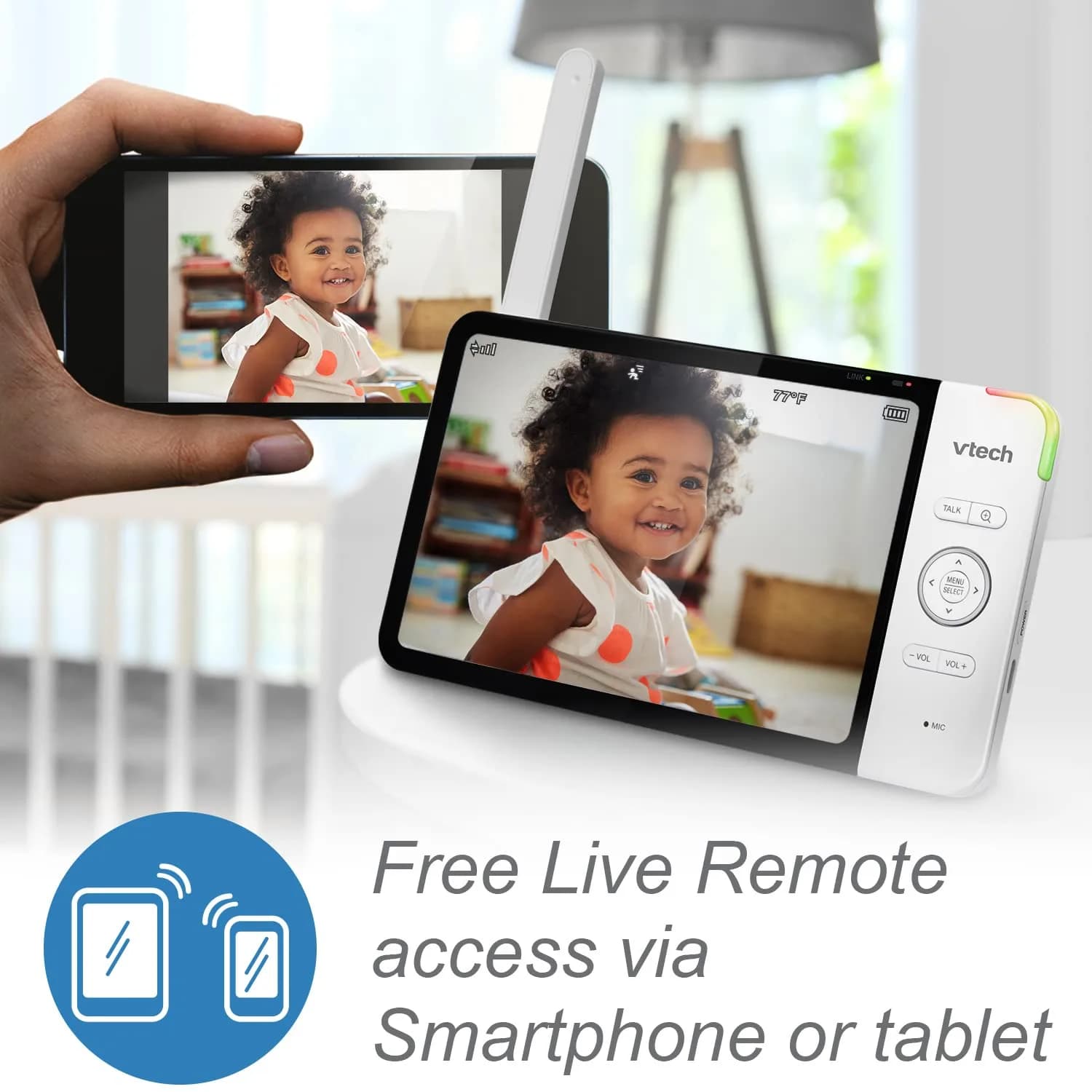 VTech RM7764-2HD Smart WiFi Baby Monitor with 2 Cameras, 1080p HD Video, 360° Pan & Tilt, 10x Zoom, 7" HD Parent Unit, 2 Cameras (2-Pack) - view 3