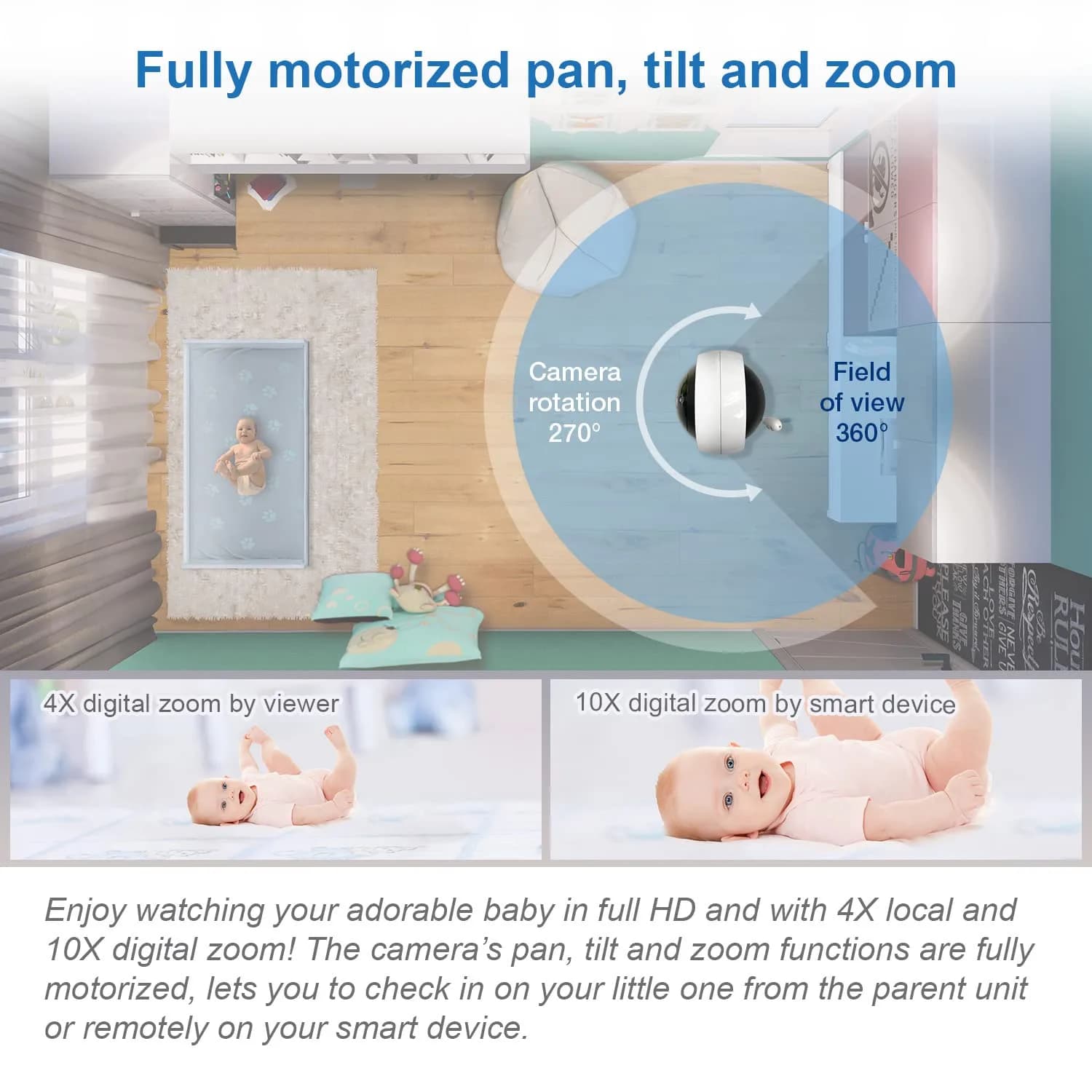 VTech RM7764-2HD Smart WiFi Baby Monitor with 2 Cameras, 1080p HD Video, 360° Pan & Tilt, 10x Zoom, 7" HD Parent Unit, 2 Cameras (2-Pack) - view 4