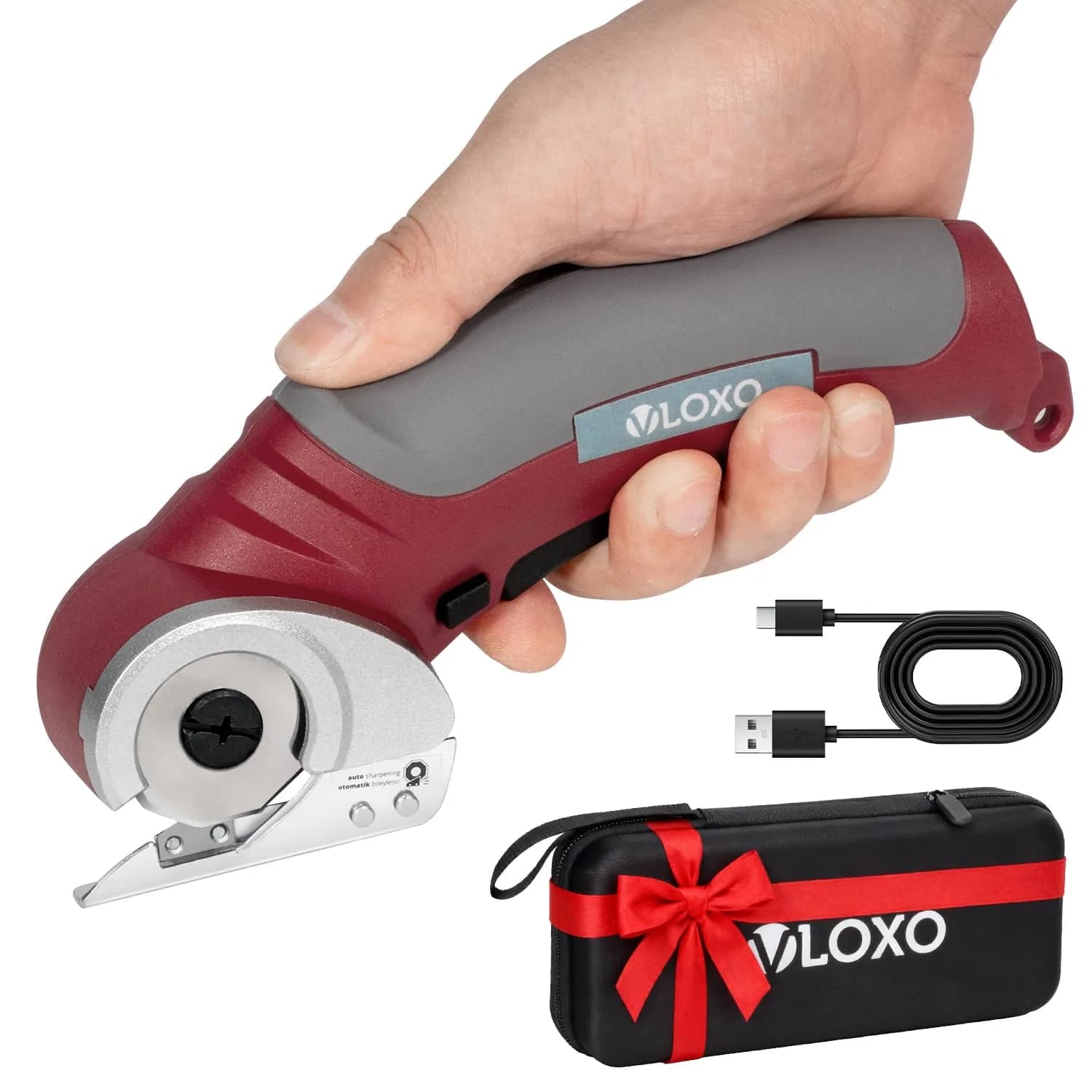 VLOXO Cordless Electric Scissors 240RPM 0.64kg (1.4lb) | Cuts Cardboard, Leather, Carpet Effortlessly — Red