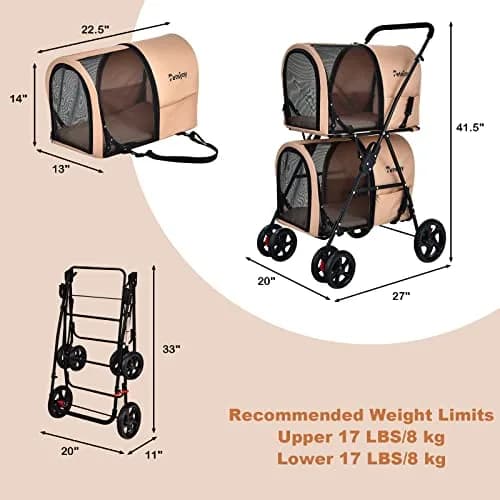 PETSITE Double Dog Stroller Foldable Pet Stroller for 2 Dogs & Cats | Small Medium Sized with Detachable Carrier, Car Seat Compatible thumbnail 6