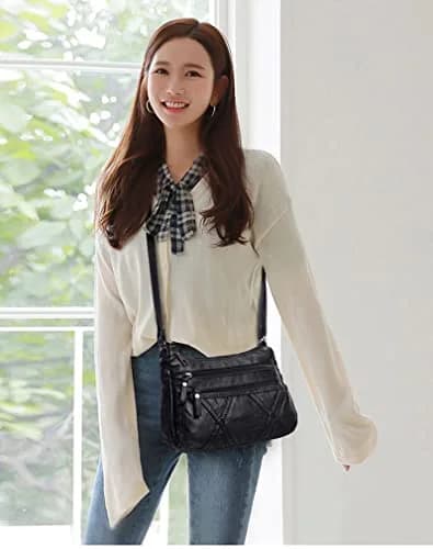 wuxingmeili Black PU Leather Crossbody Bag for Women | Waterproof Shoulder Messenger Purse 26cm (10.24 Inch) thumbnail 2
