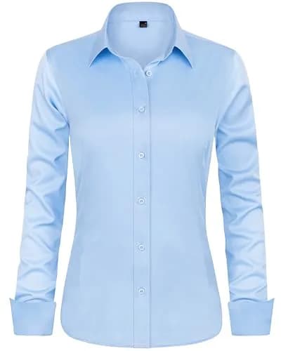 J.VER Button Down Shirts for Women Long Sleeve Collared Shirt Stretch Dressy Casual Blouses Work Professional Tops Light Blue Medium thumbnail 1