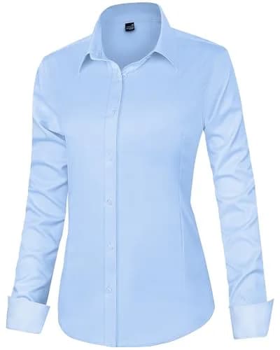 J.VER Button Down Shirts for Women Long Sleeve Collared Shirt Stretch Dressy Casual Blouses Work Professional Tops Light Blue Medium thumbnail 3